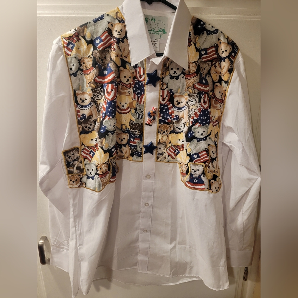 The Quacker Factory Embellished W/Bears & Jewels White Button Down Top